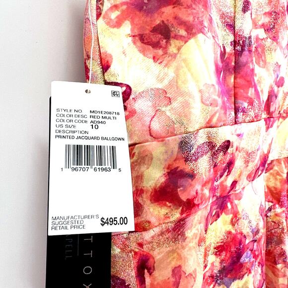 Aidan Mattox Red Multi Printed Jacquard One Shoulder Ball Gown Size 10 - Picture 7 of 12